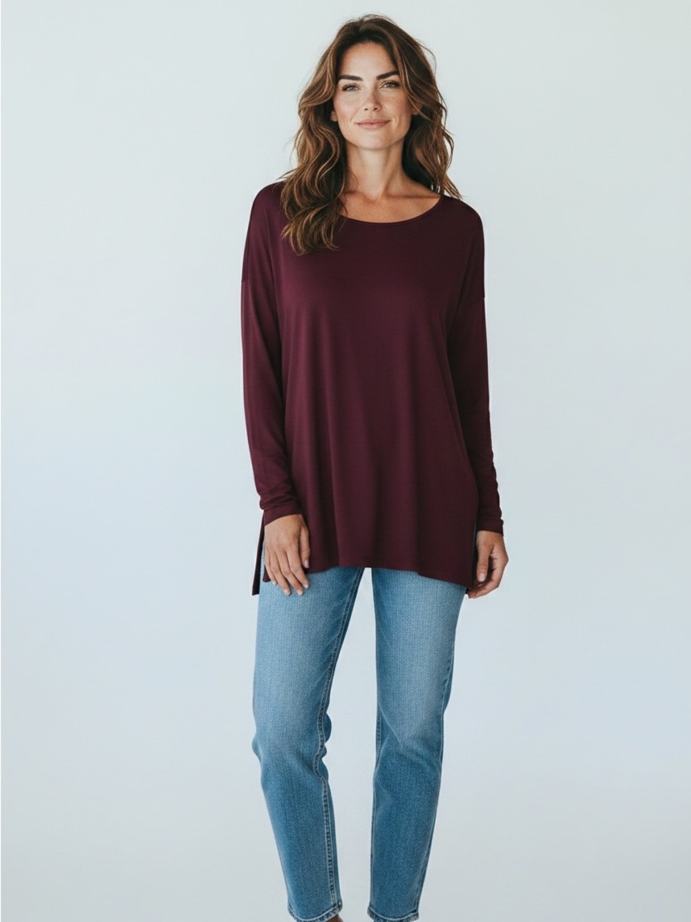 J Jill Women’s Size S Long Sleeve Simply Supima Crew Neck Tunic Tee Burgundy
